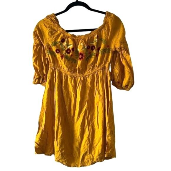 Yellow Floral Embroidered Peasant Blouse Feathers Womens M Cotton - Picture 1 of 8